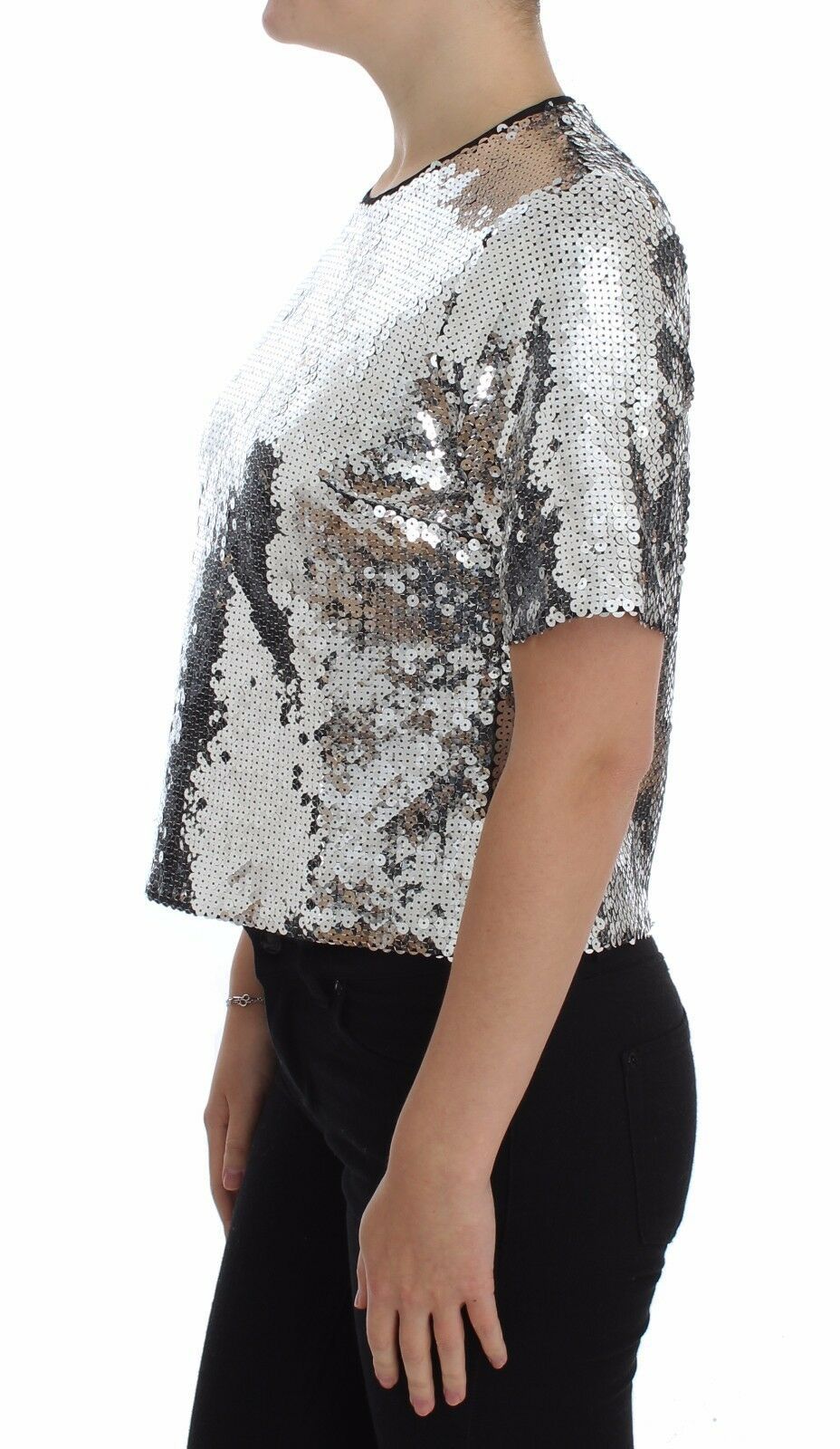 Haut T-shirt Blouse Dolce & Gabbana Paillettes Argentées Ras-du-cou
