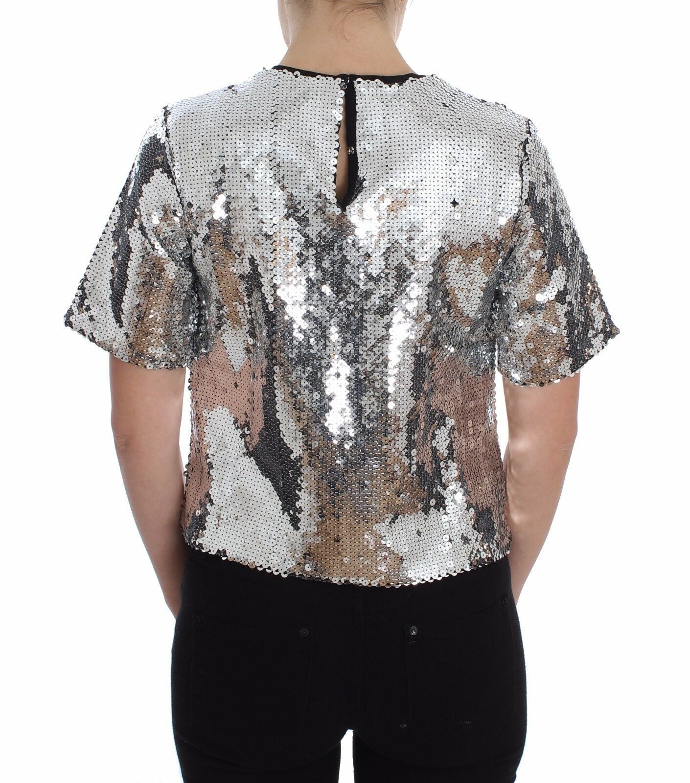 Haut T-shirt Blouse Dolce & Gabbana Paillettes Argentées Ras-du-cou