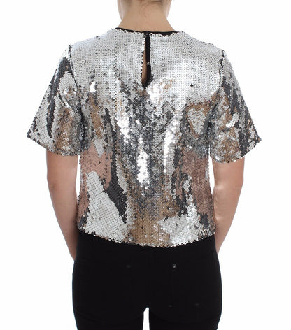 Haut T-shirt Blouse Dolce & Gabbana Paillettes Argentées Ras-du-cou