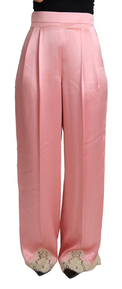 Pantalon ample en satin de soie rose Dolce & Gabbana avec dentelle