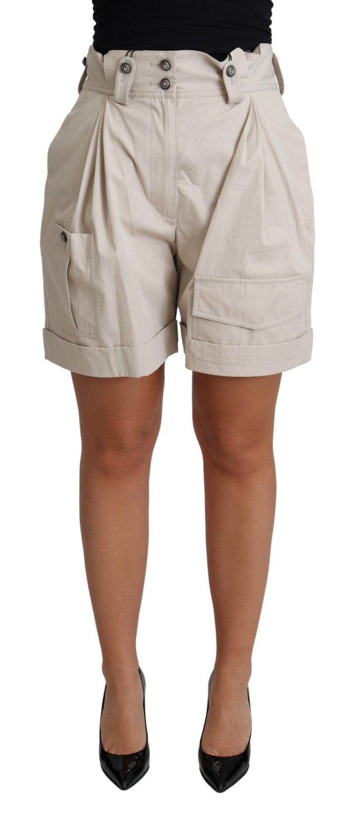 Dolce & Gabbana Pantalones cortos casuales plisados de algodón beige de tiro alto
