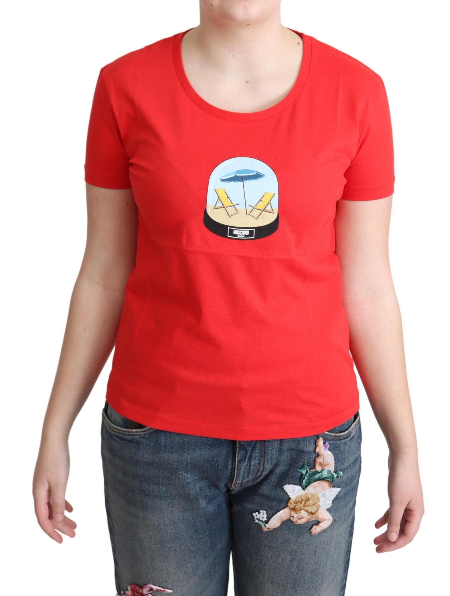 Moschino Red Printed Cotton Short Sleeves Tops Blouse T-shirt