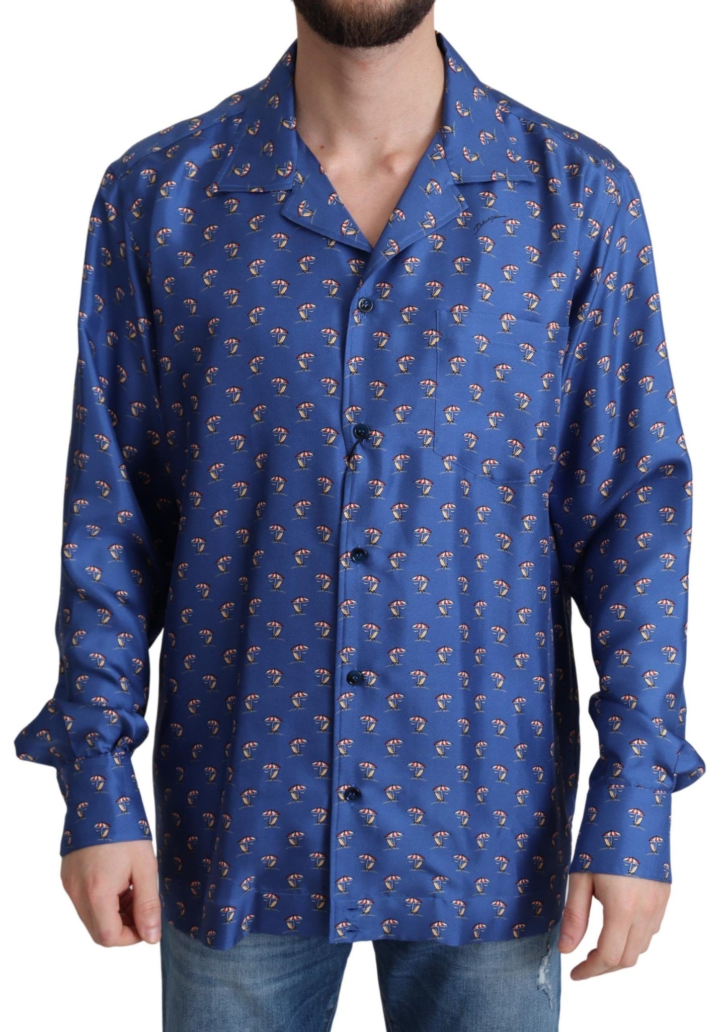 Chemise en soie Dolce & Gabbana à imprimé parasol et transat bleus