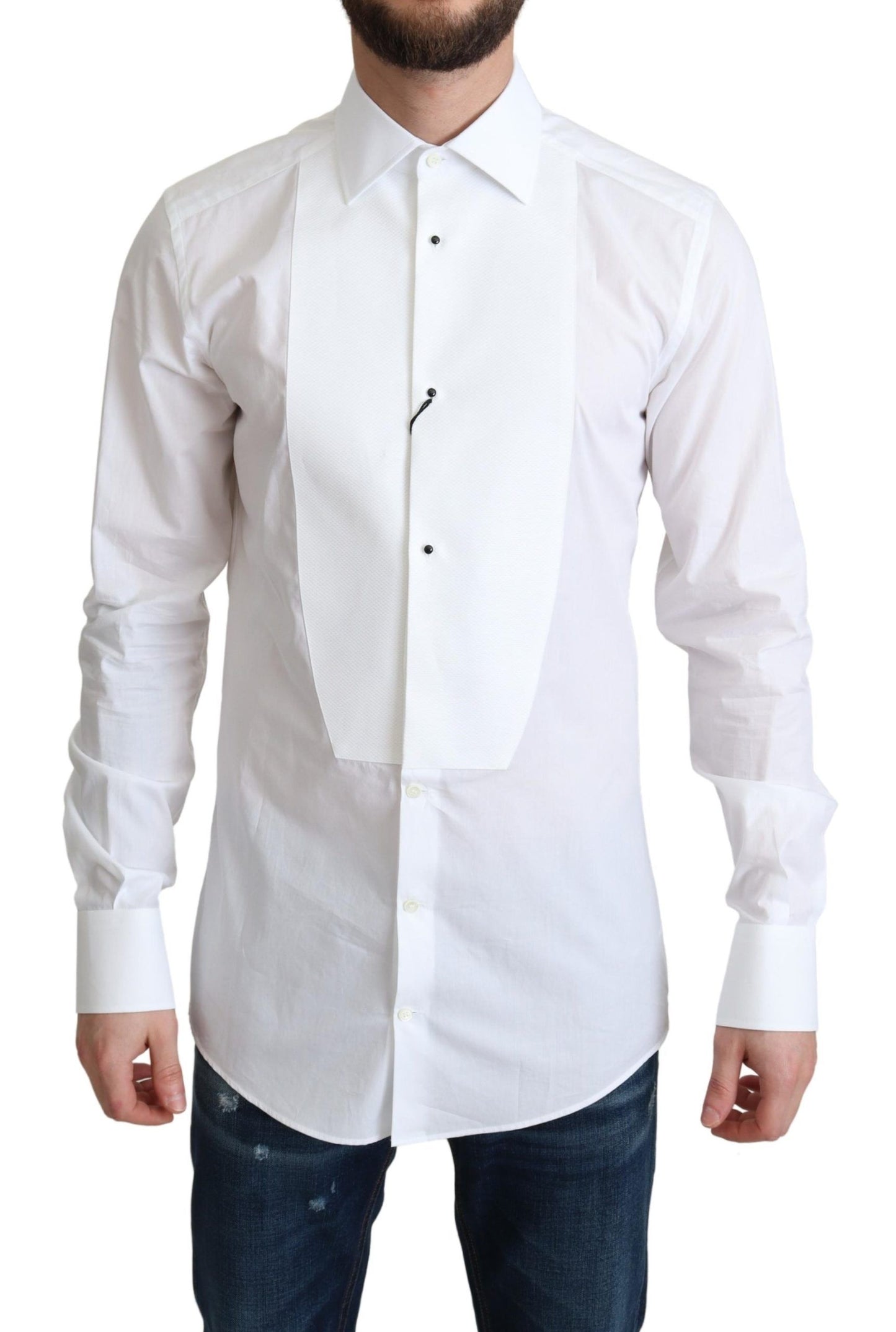Chemise Habillée Homme en Popeline de Coton Blanche avec Plastron Dolce & Gabbana