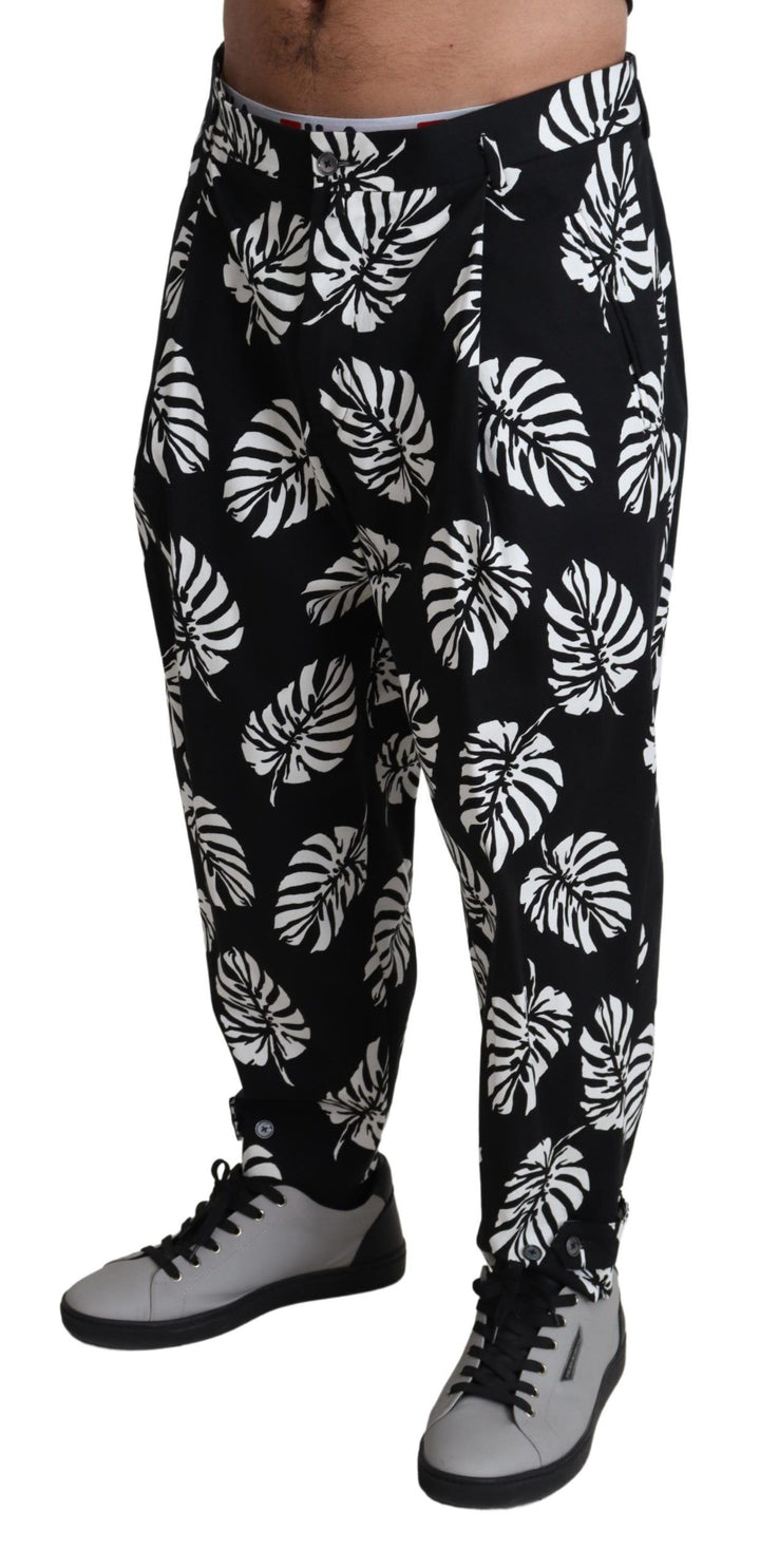 Pantalones elásticos de algodón negro con estampado de hojas de Dolce & Gabbana