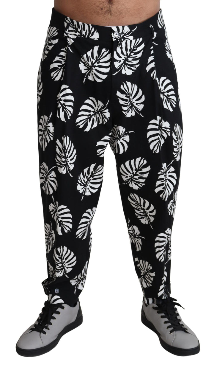 Pantalones elásticos de algodón negro con estampado de hojas de Dolce & Gabbana