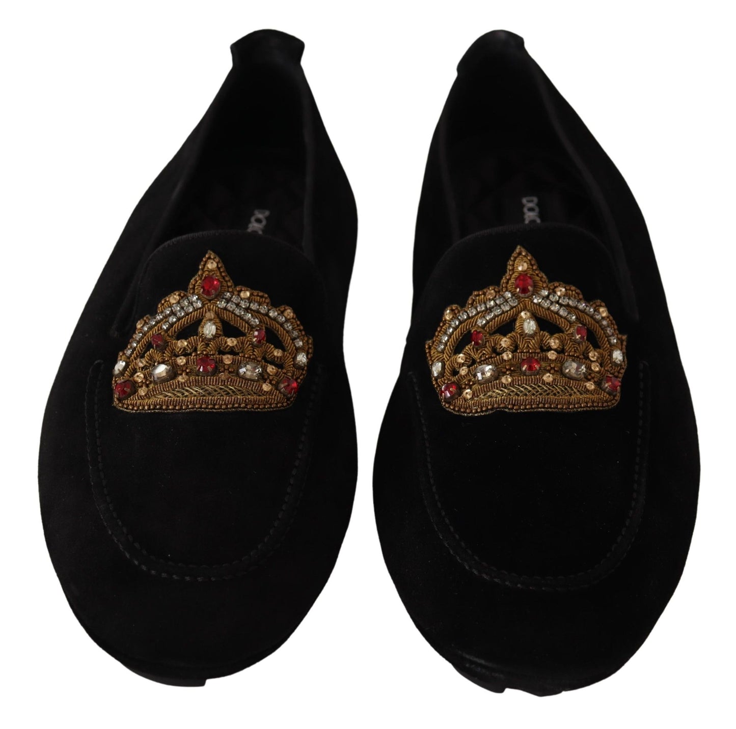 Chaussures Loafers Dolce & Gabbana en Cuir Noir avec Couronne en Cristal Doré