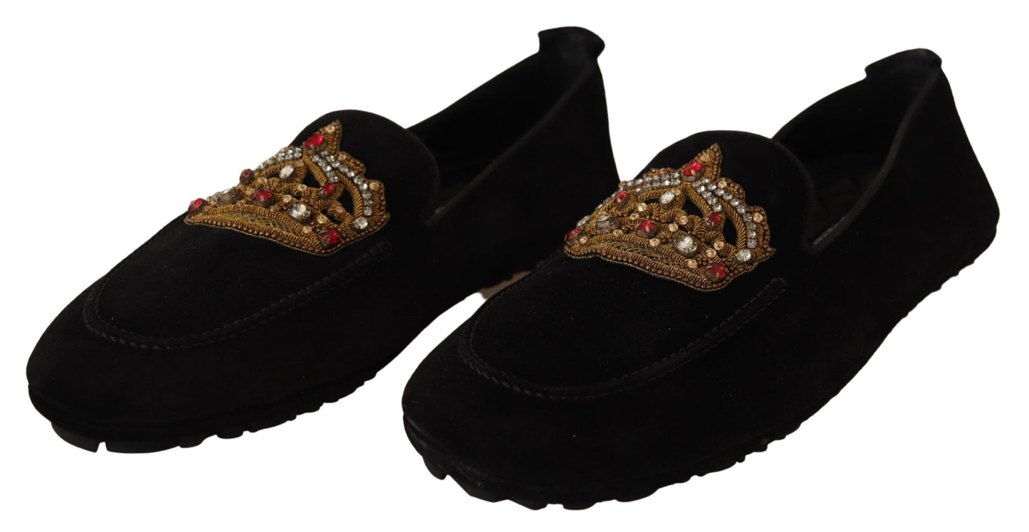 Chaussures Loafers Dolce & Gabbana en Cuir Noir avec Couronne en Cristal Doré