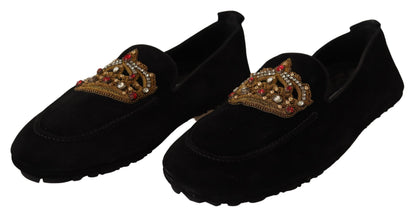 Chaussures Loafers Dolce & Gabbana en Cuir Noir avec Couronne en Cristal Doré