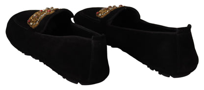 Chaussures Loafers Dolce & Gabbana en Cuir Noir avec Couronne en Cristal Doré