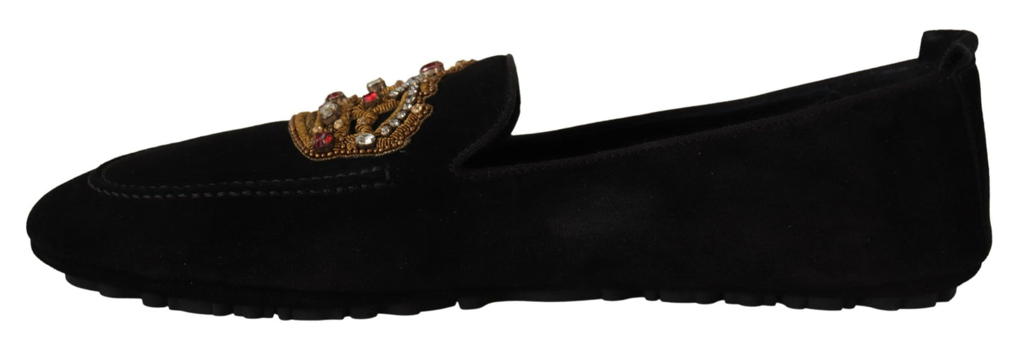 Chaussures Loafers Dolce & Gabbana en Cuir Noir avec Couronne en Cristal Doré