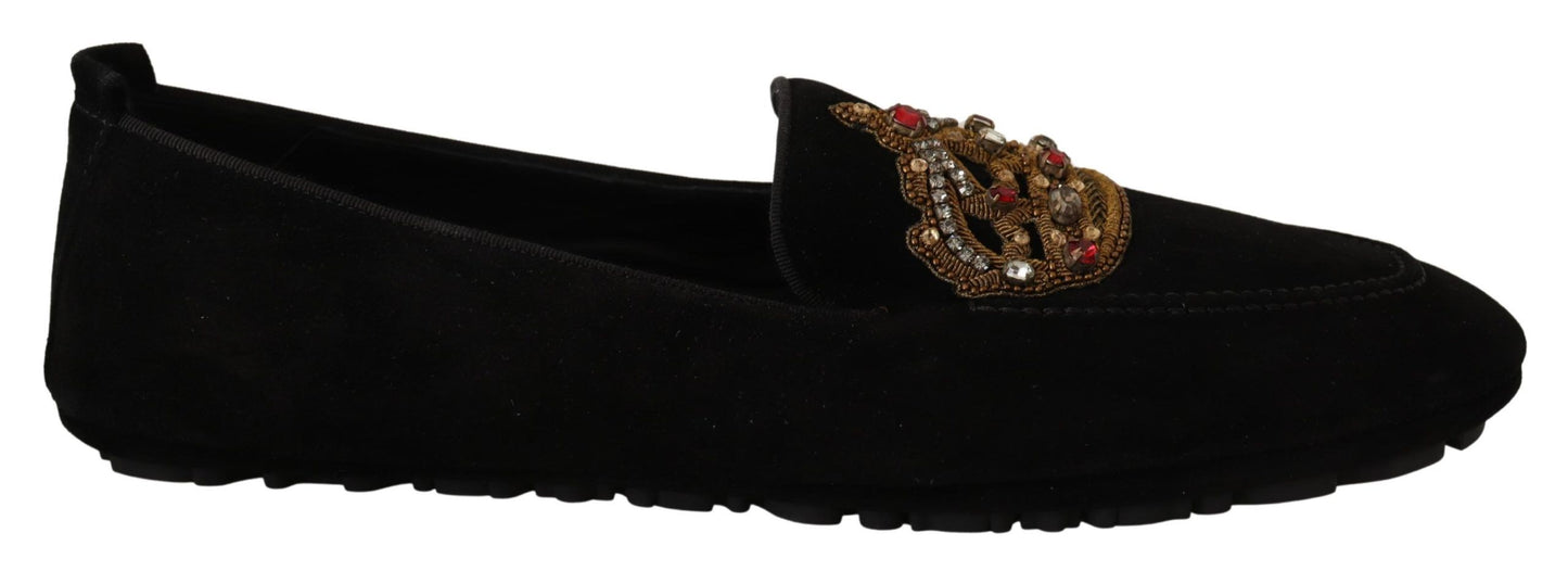 Chaussures Loafers Dolce & Gabbana en Cuir Noir avec Couronne en Cristal Doré