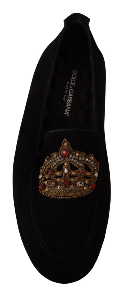 Chaussures Loafers Dolce & Gabbana en Cuir Noir avec Couronne en Cristal Doré