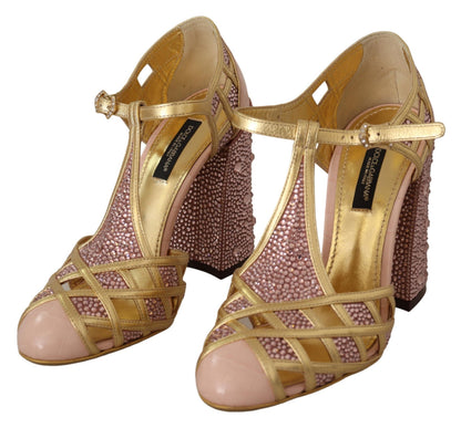 Escarpins T-strap Dolce & Gabbana en cuir rose doré et cristaux