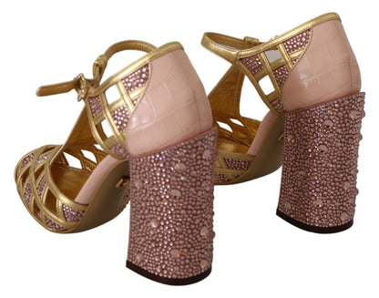Escarpins T-strap Dolce & Gabbana en cuir rose doré et cristaux