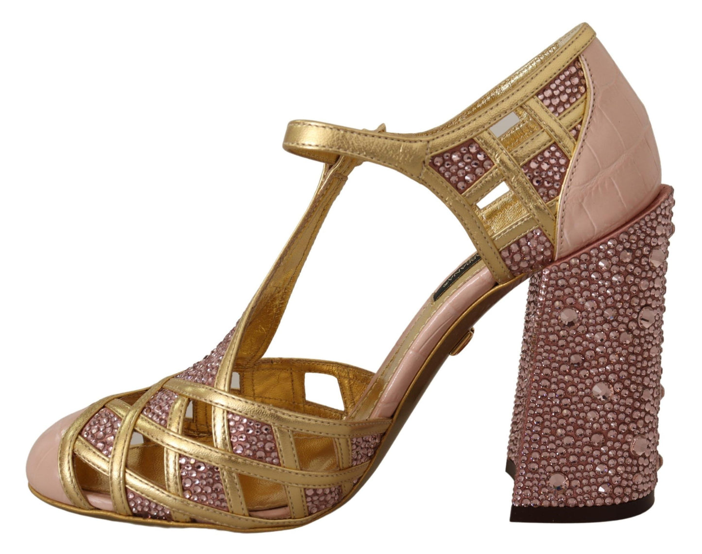 Escarpins T-strap Dolce & Gabbana en cuir rose doré et cristaux