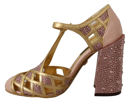 Escarpins T-strap Dolce & Gabbana en cuir rose doré et cristaux