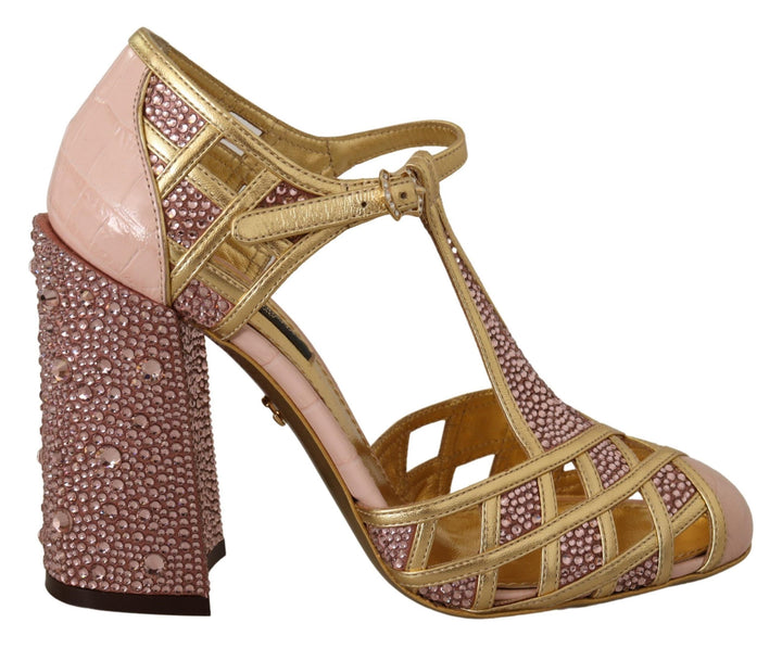 Escarpins T-strap Dolce & Gabbana en cuir rose doré et cristaux