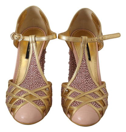 Escarpins T-strap Dolce & Gabbana en cuir rose doré et cristaux