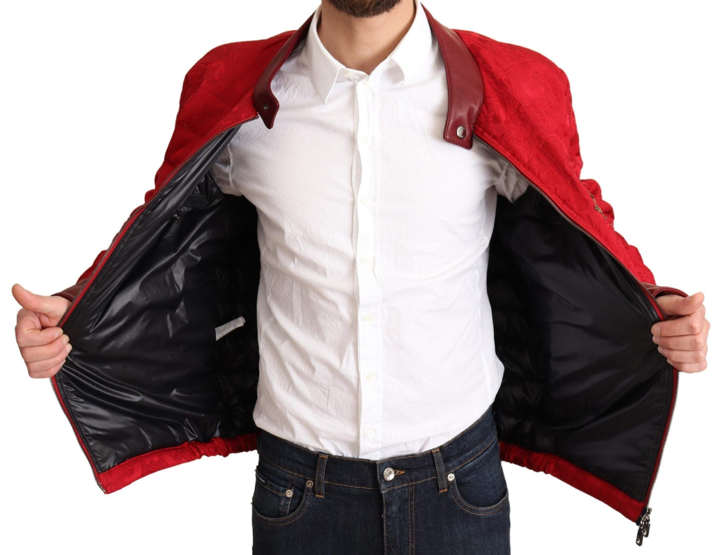 Blouson en brocart rouge Dolce & Gabbana avec logo couronne dorée