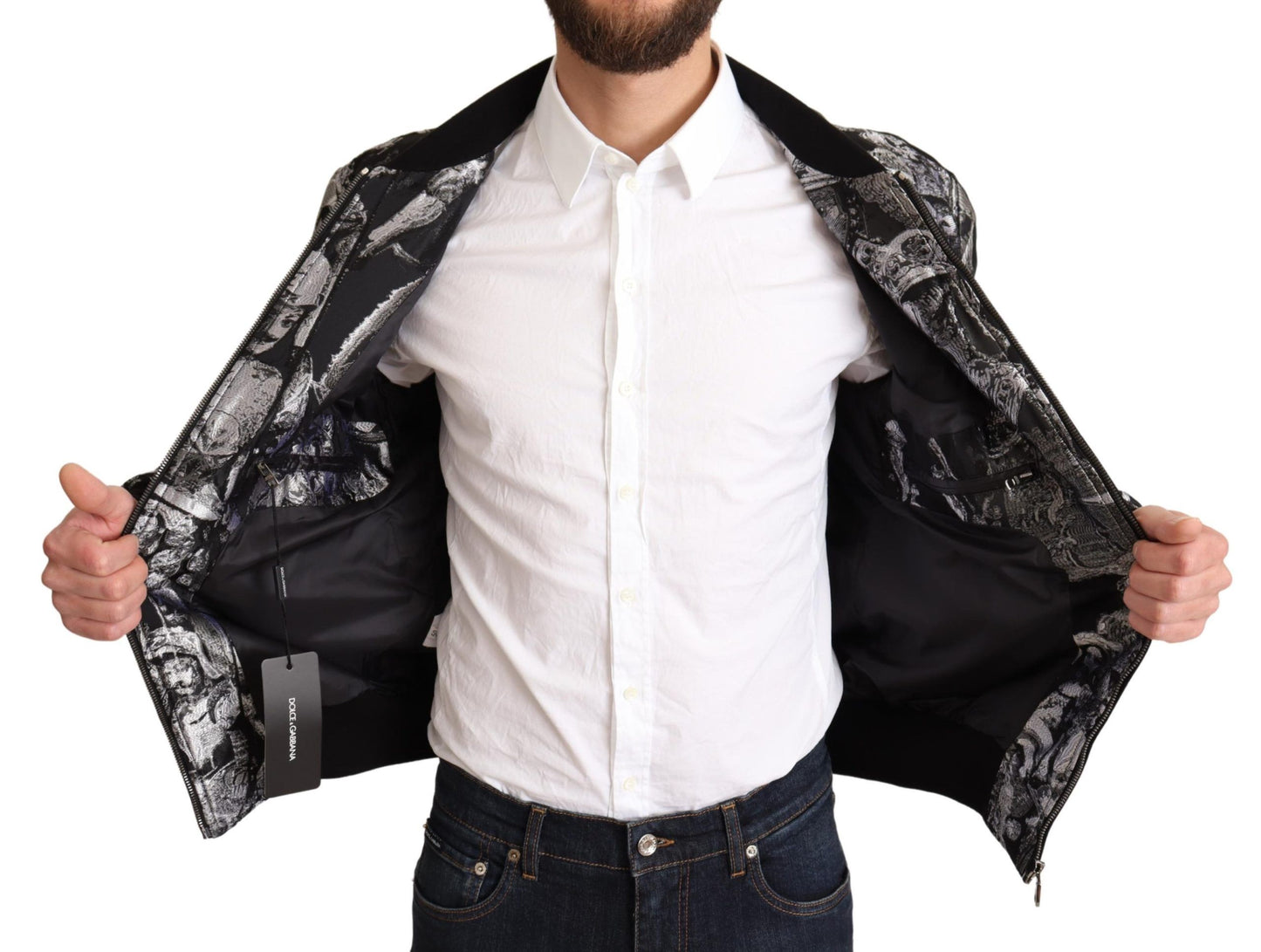 Blouson style bomber Dolce & Gabbana noir et argent à motif Puppi