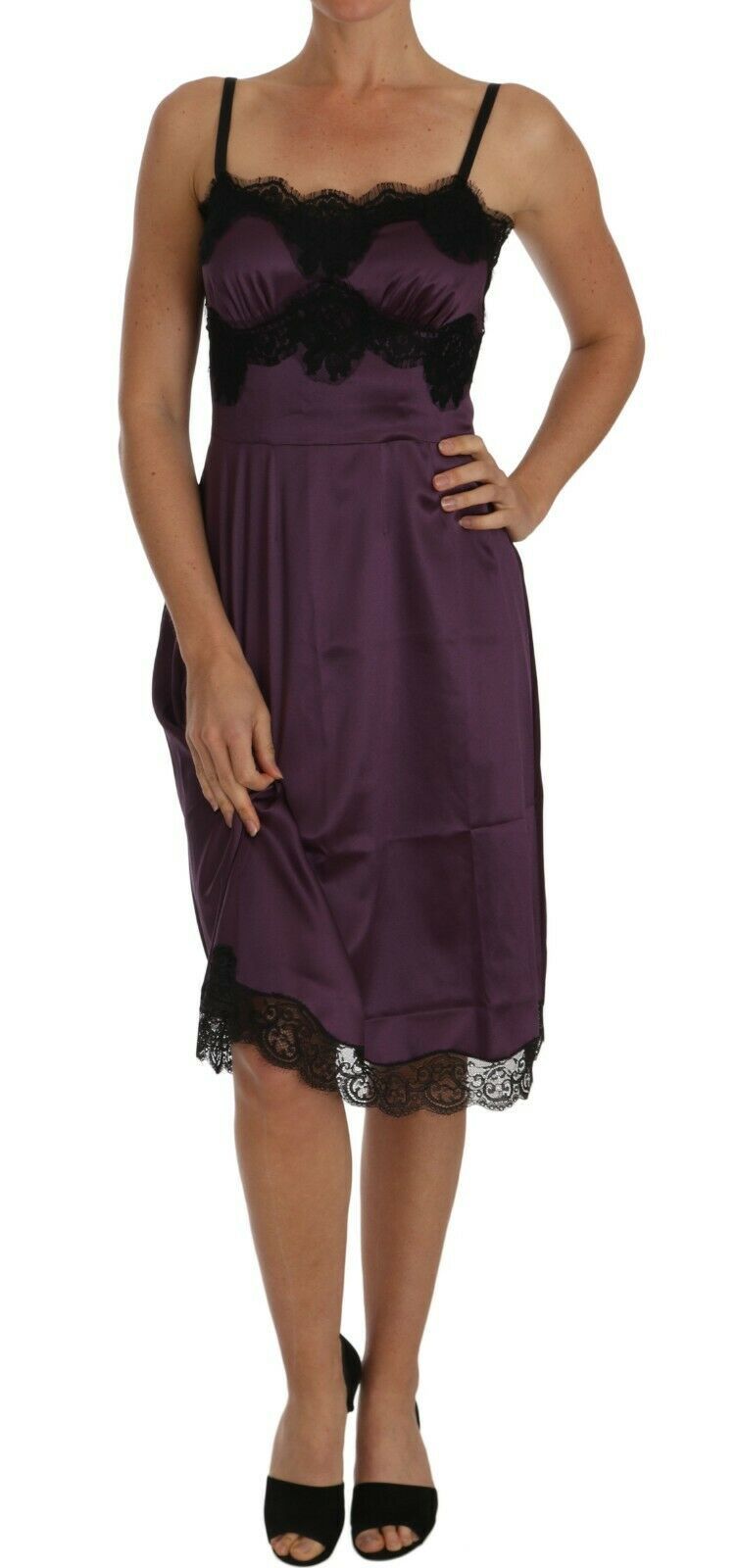 Robe trapèze Dolce & Gabbana en soie stretch violette avec dentelle noire