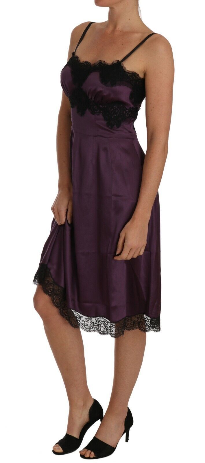 Robe trapèze Dolce & Gabbana en soie stretch violette avec dentelle noire