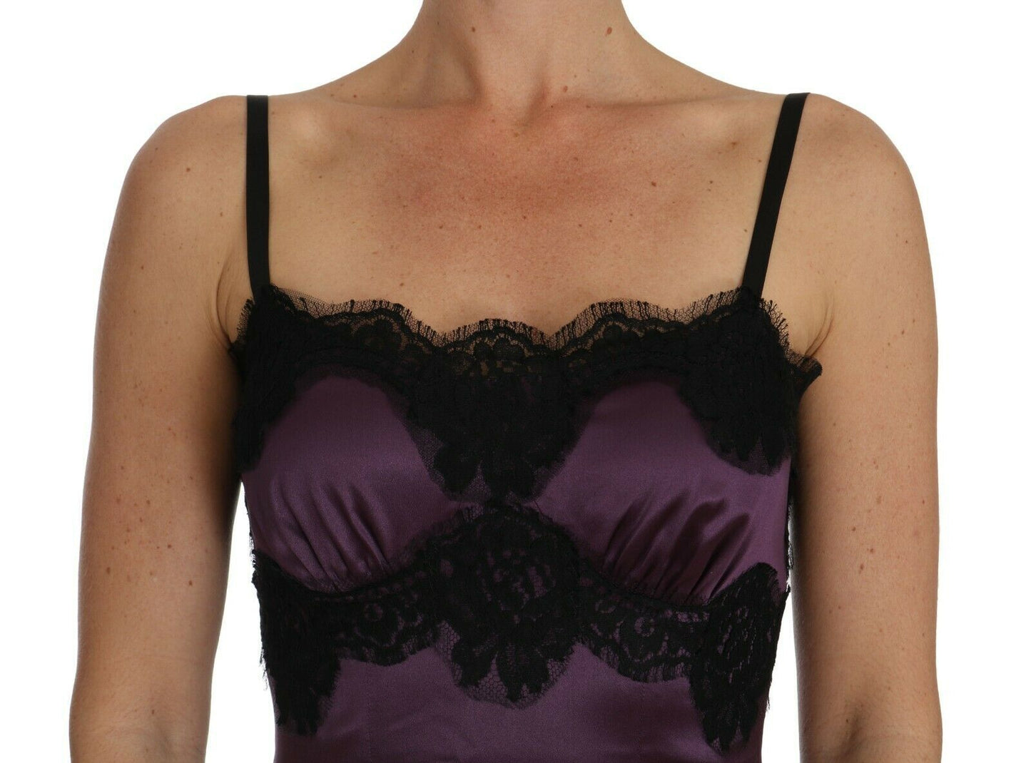 Robe trapèze Dolce & Gabbana en soie stretch violette avec dentelle noire