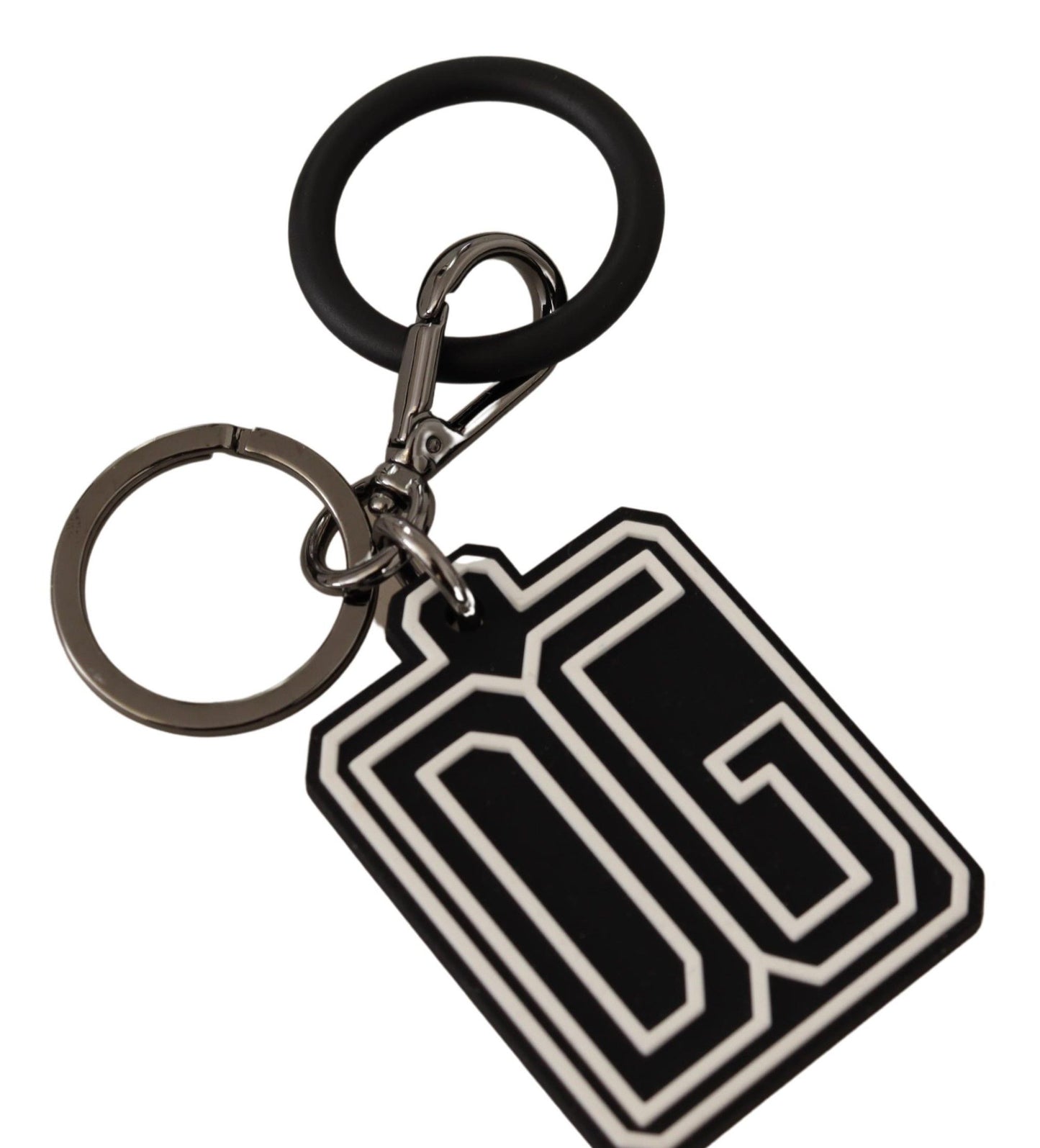 Porte-clés Dolce & Gabbana en caoutchouc noir et blanc avec logo DG et anneau argenté