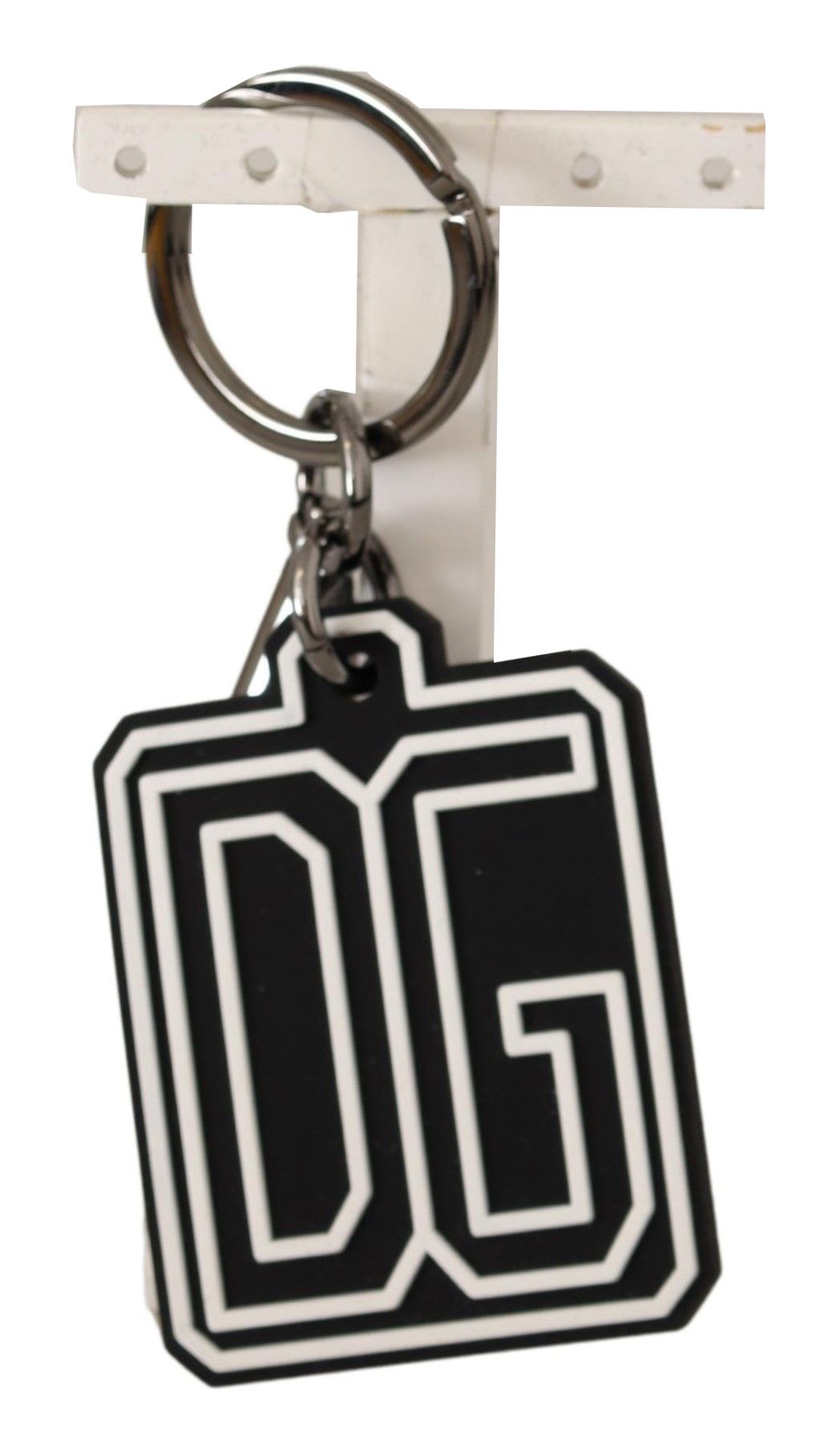 Porte-clés Dolce & Gabbana en caoutchouc noir et blanc avec logo DG et anneau argenté