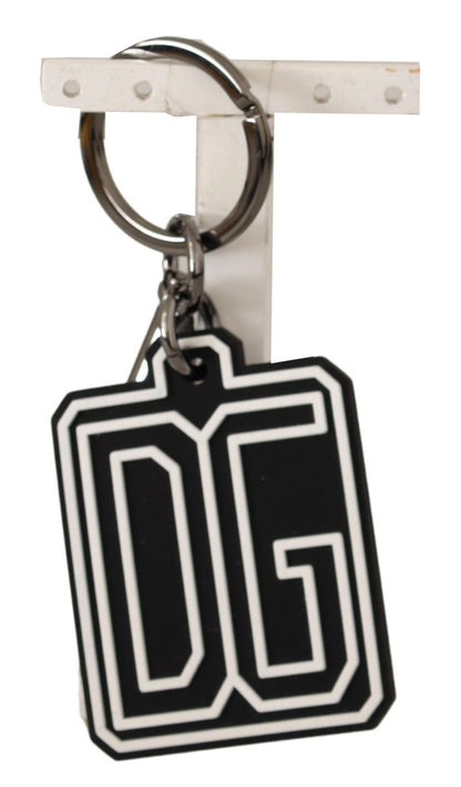 Porte-clés Dolce & Gabbana en caoutchouc noir et blanc avec logo DG et anneau argenté