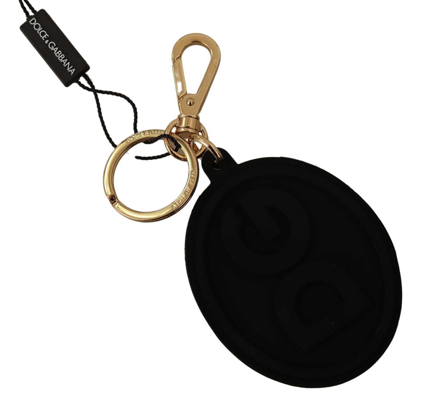 Porte-clés Dolce & Gabbana en caoutchouc noir avec logo DG en métal laiton doré