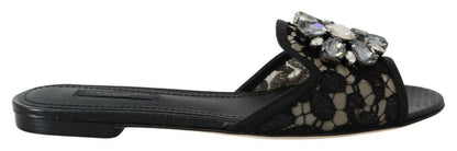 Dolce & Gabbana Claquettes en dentelle Taormina noires avec cristaux
