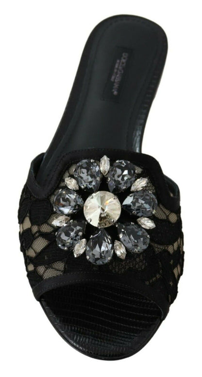Dolce & Gabbana Claquettes en dentelle Taormina noires avec cristaux