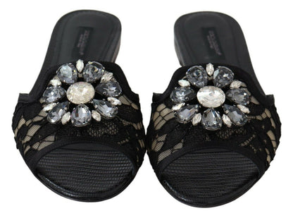 Dolce & Gabbana Claquettes en dentelle Taormina noires avec cristaux