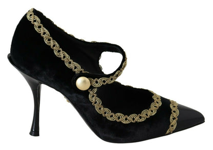 Chaussures à talons Mary Jane en velours noir orné Dolce & Gabbana