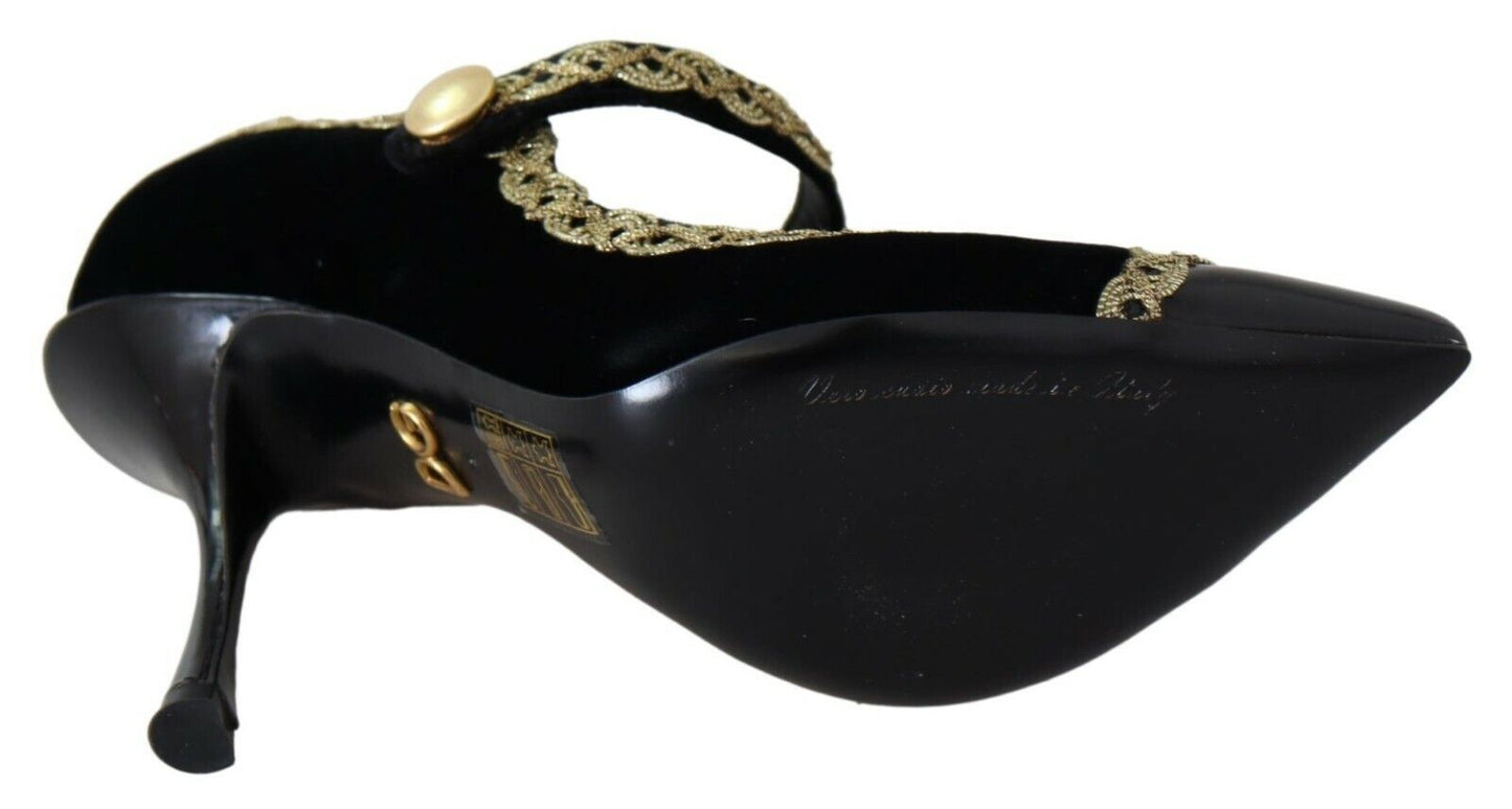 Chaussures à talons Mary Jane en velours noir orné Dolce & Gabbana