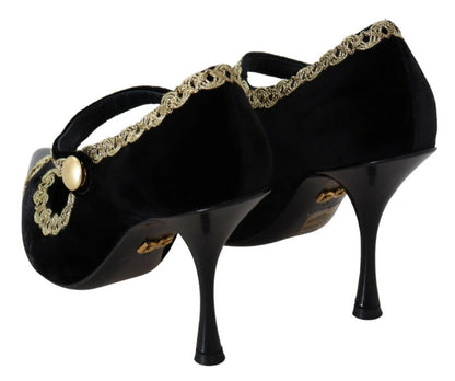 Chaussures à talons Mary Jane en velours noir orné Dolce & Gabbana