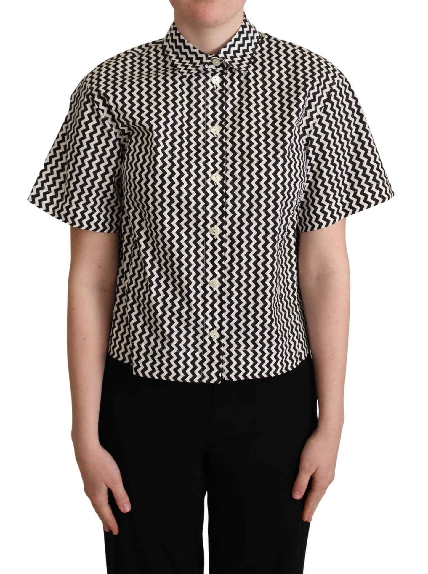 Haut chemise en coton à col zigzag noir et blanc Dolce & Gabbana
