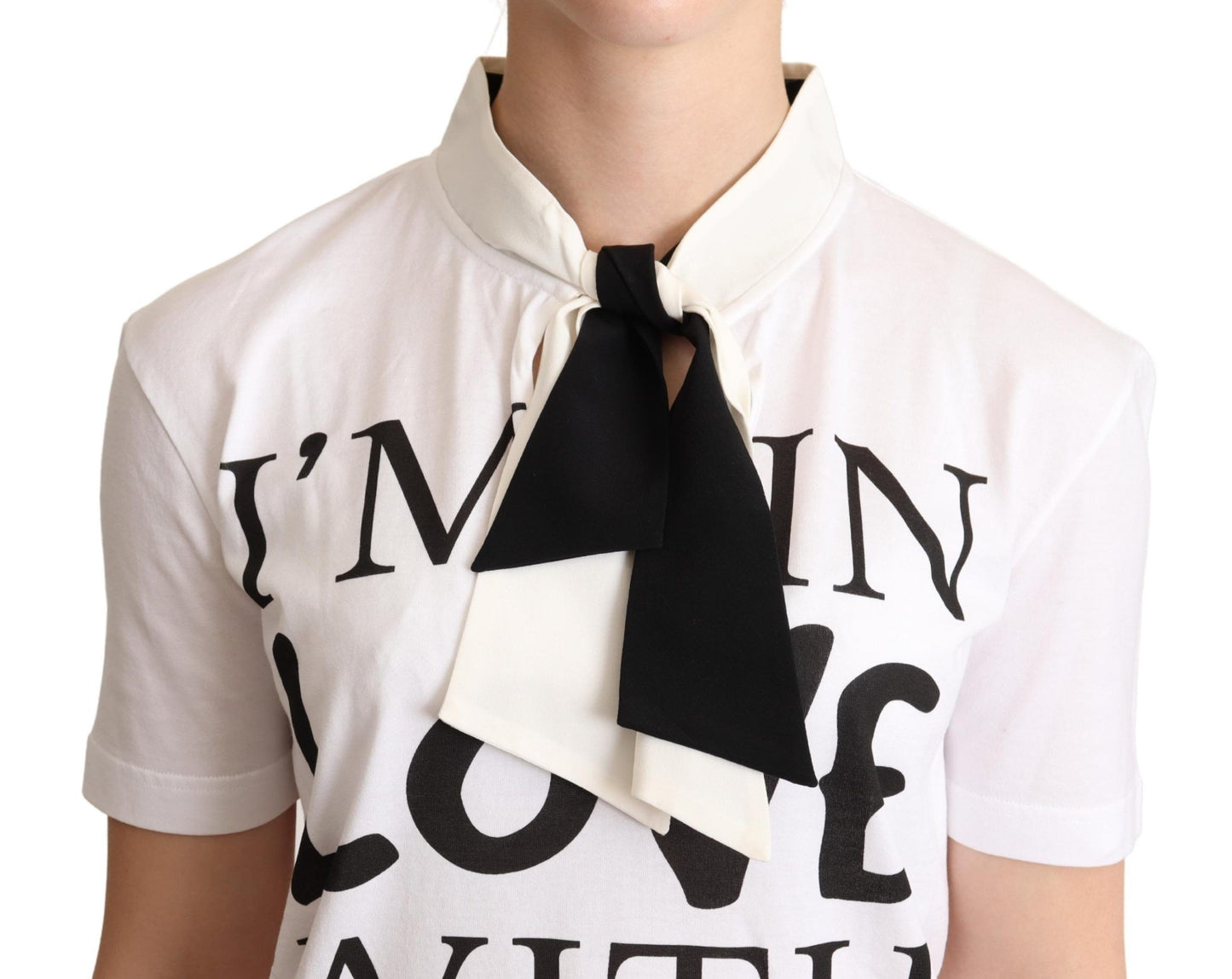 T-shirt Dolce & Gabbana en coton et soie mélangés avec col lavallière, blanc