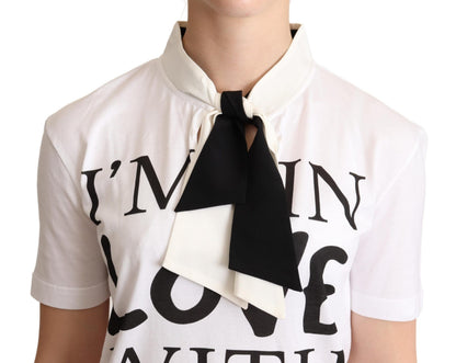 T-shirt Dolce & Gabbana en coton et soie mélangés avec col lavallière, blanc