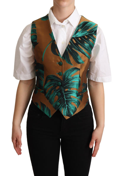 Gilet Dolce & Gabbana vert jacquard motifs feuilles dorés
