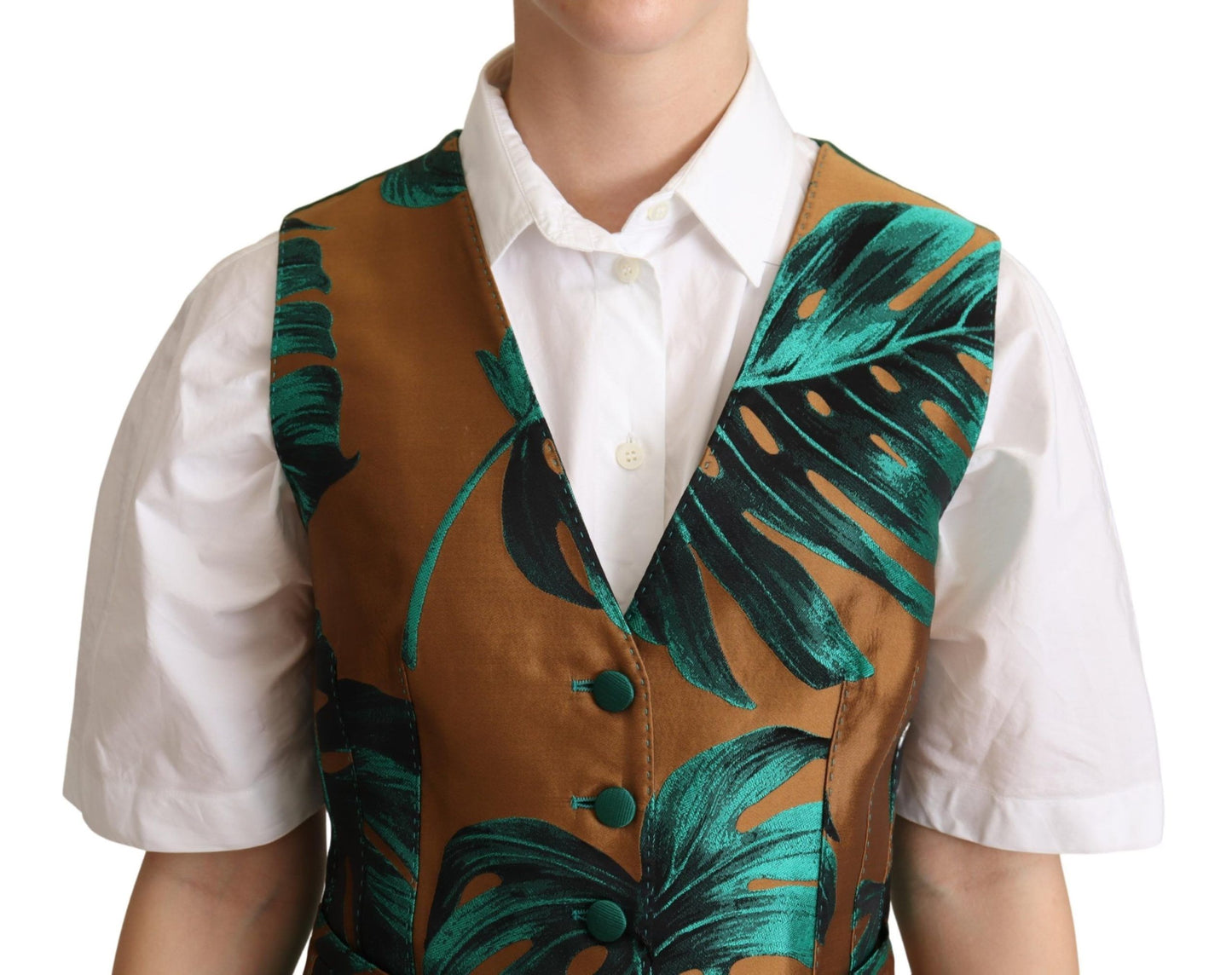 Gilet Dolce & Gabbana vert jacquard motifs feuilles dorés