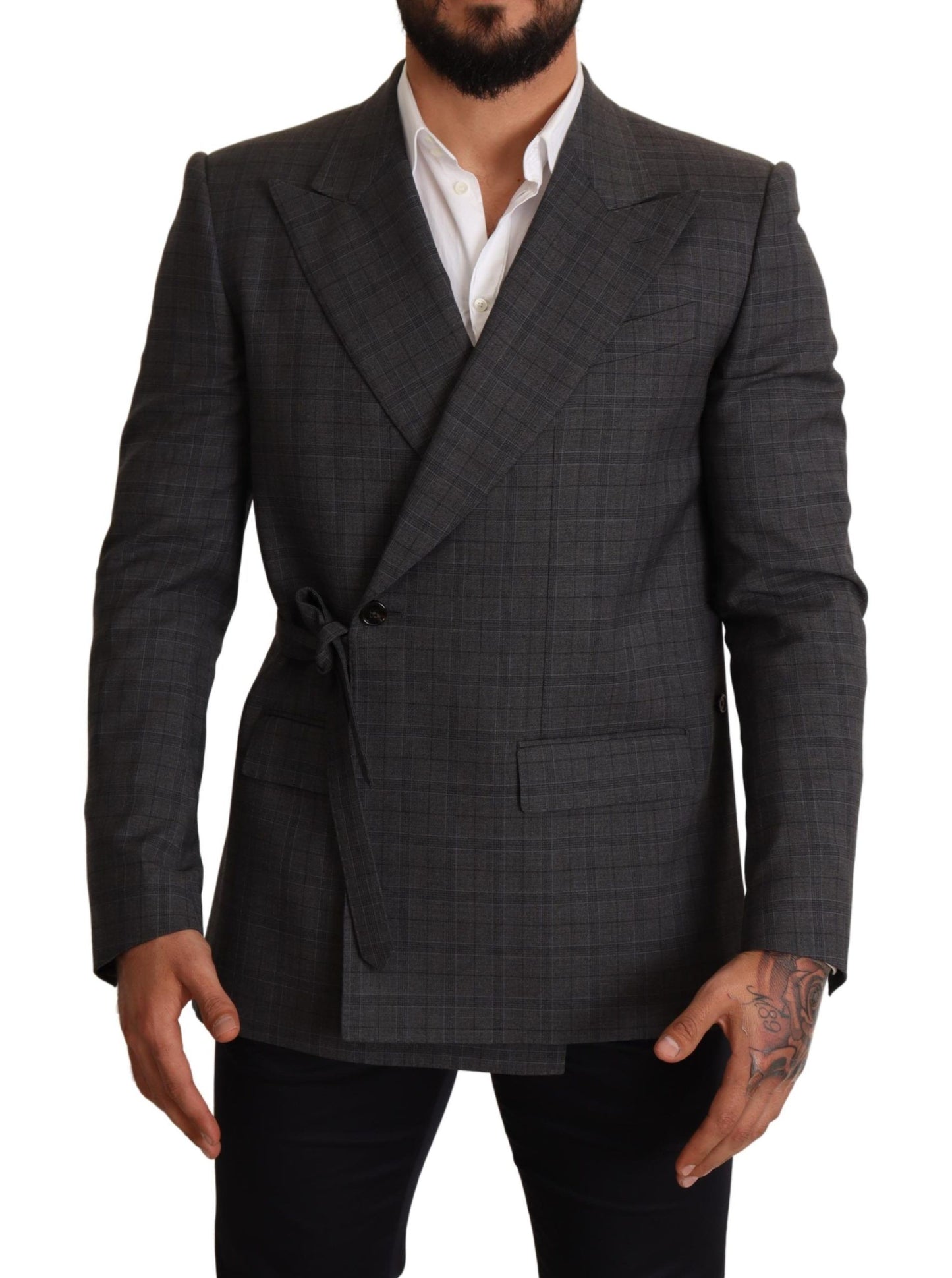 Veste Blazer Slim Fit en Laine à Carreaux Grise Dolce & Gabbana