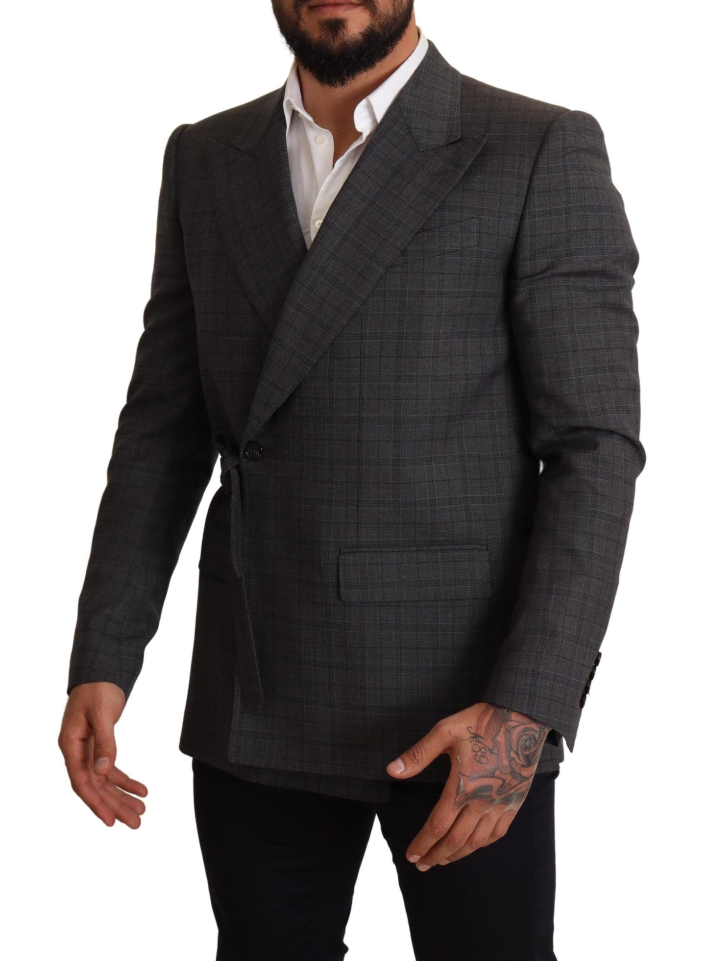Veste Blazer Slim Fit en Laine à Carreaux Grise Dolce & Gabbana