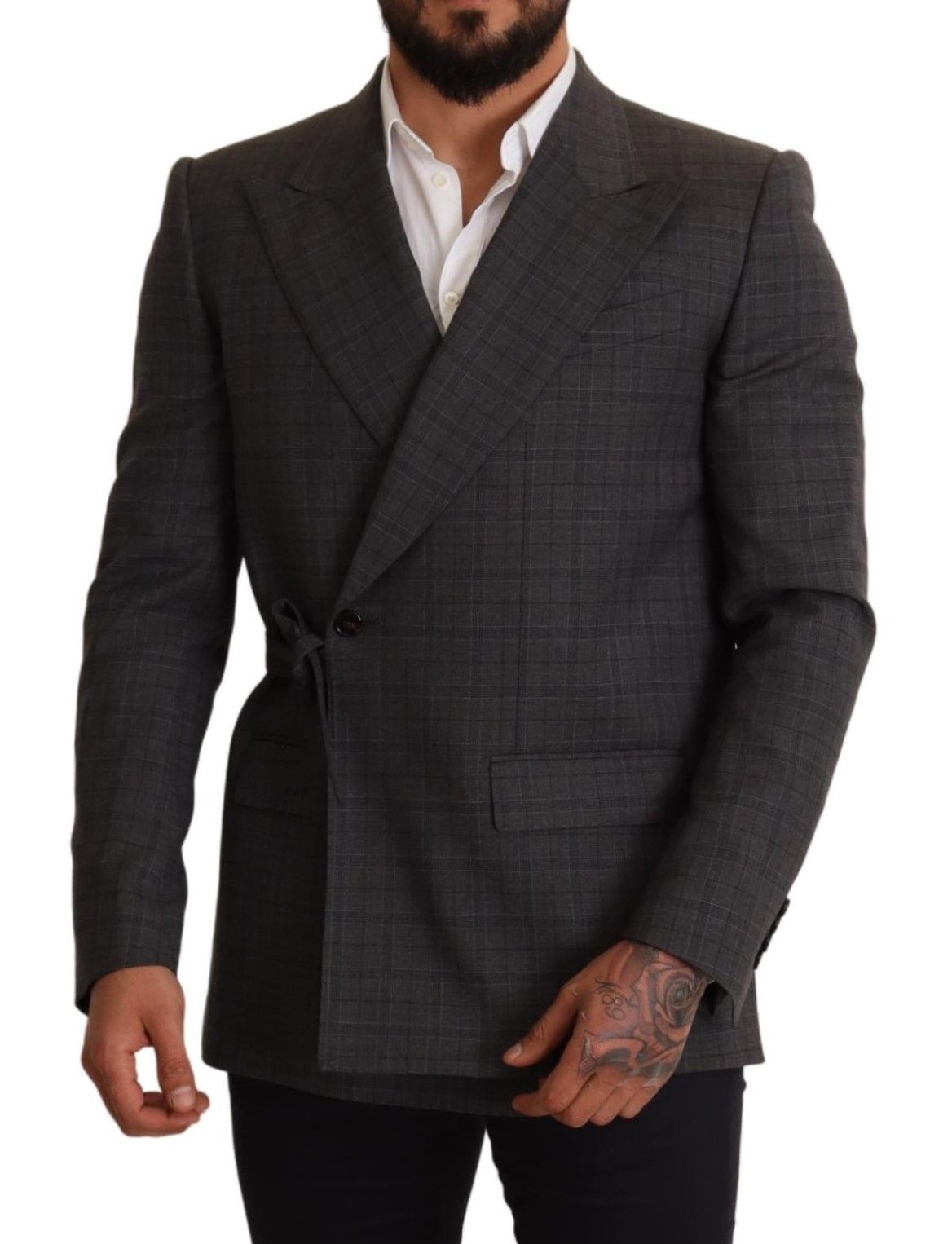 Veste Blazer Slim Fit en Laine à Carreaux Grise Dolce & Gabbana