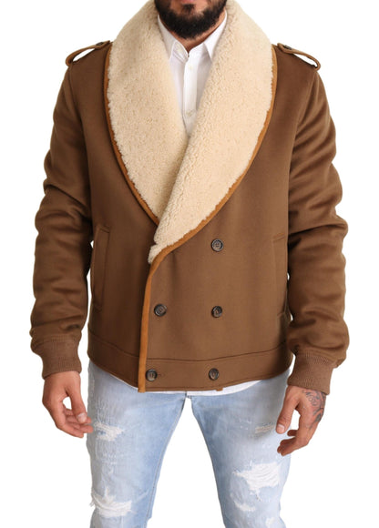 Manteau-veste en peau lainée croisé marron Dolce & Gabbana