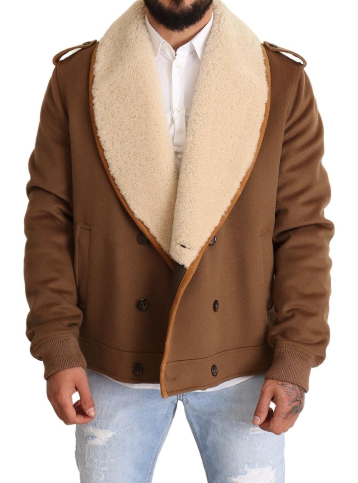 Manteau-veste en peau lainée croisé marron Dolce & Gabbana