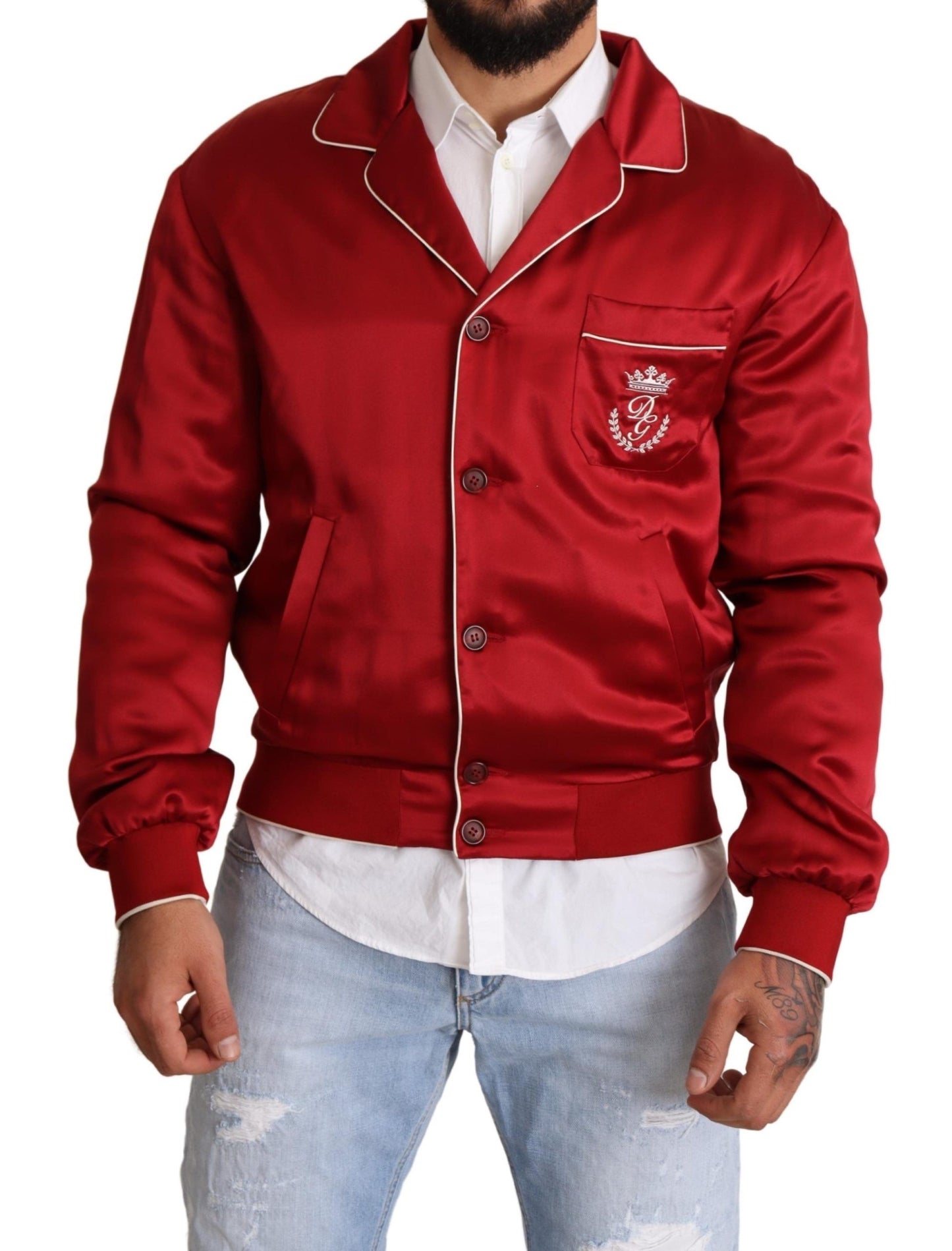 Blouson aviateur en soie rouge Dolce & Gabbana avec boutons logo DG