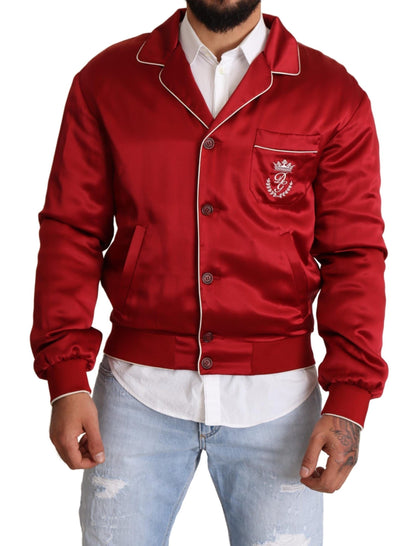 Blouson aviateur en soie rouge Dolce & Gabbana avec boutons logo DG